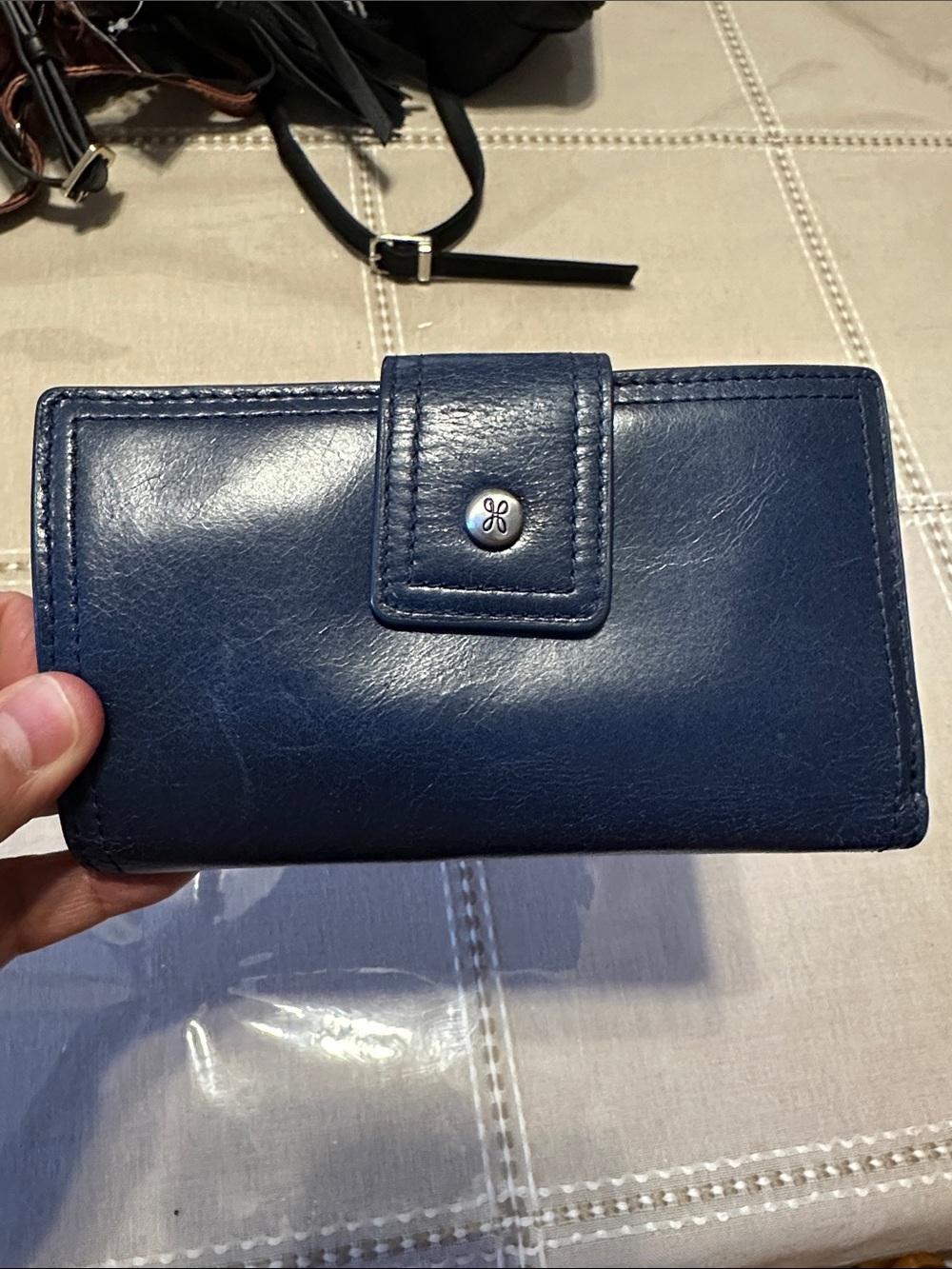 HOBO Navy Leather Wallet with Snap Closure